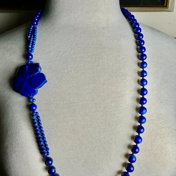 NEW Long Lapis Necklace with a Carved Flower Accent - Picture 2 of 7
